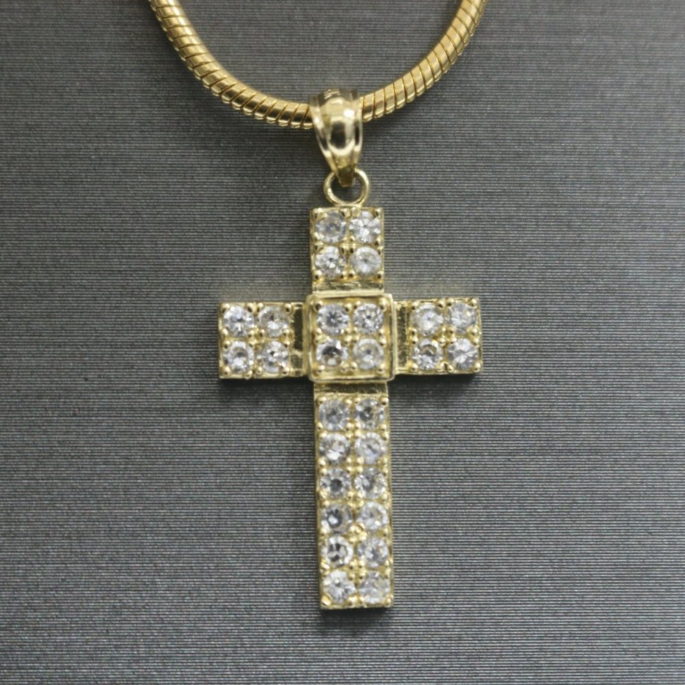 14kt Yellow Gold White Sapphire Cross Pendant with 14kt Yellow Gold Hollow Snake